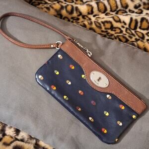 Fossil Key-Per Wristlet 7" x 3.5" Coated Canvas Leather Retro Geometric Clutch
